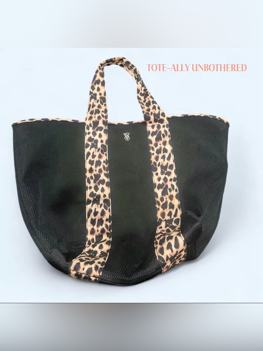 Victoria's Secret Black Mesh Tote with Leopard-Print Handles